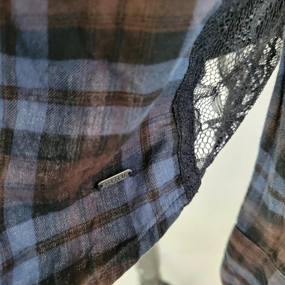 PINK VICTORIA'S SECRET Blue Brown Button Down TopLace Back - Picture 9 of 11